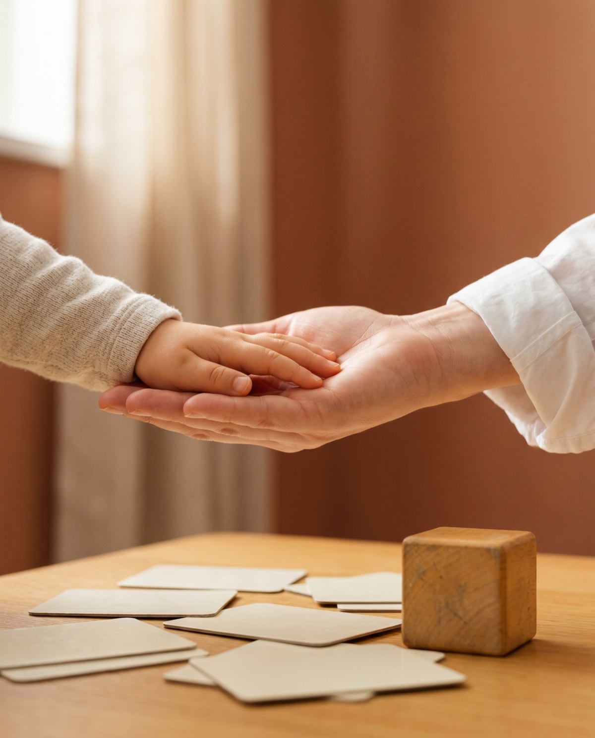 Eine kleine Kinderhand ruht in der offenen Handfläche einer Therapeutin – sinnbildlich für vertrauensvolle Begleitung in der Therapie