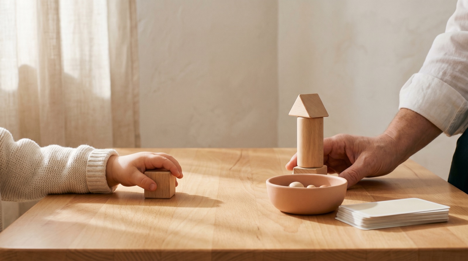 Kinderhand und Therapeutenhand arbeiten mit Holzbausteinen und Bildkarten an einem warmen Holztisch